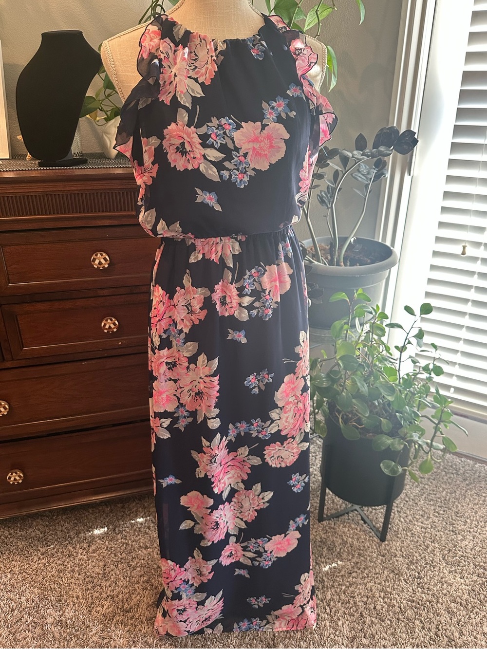 Old Navy Navy Maxi Dress with Pink Floral Print